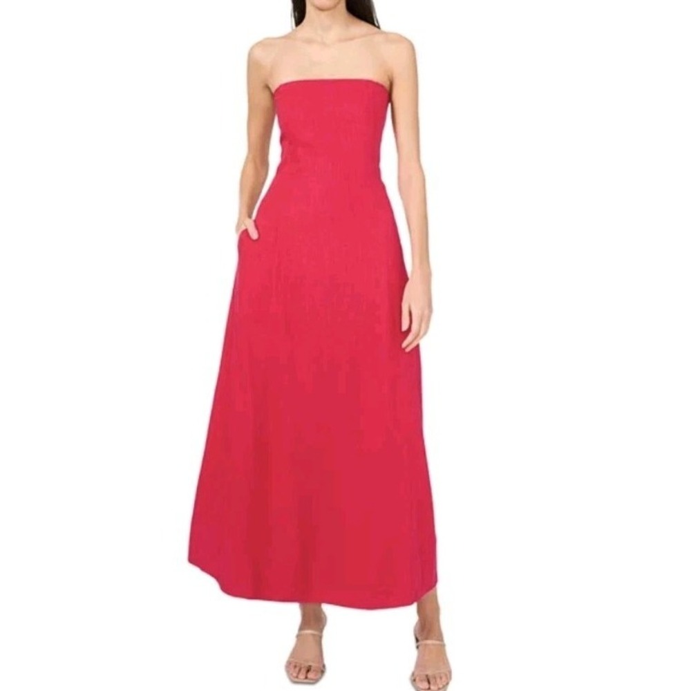 1.State Linen Blend Strapless Maxi Dress Large Barbie Pink Smocking Panel NWT